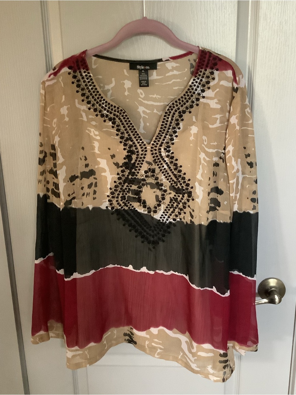 Style & Co. Red, Black & Beige Embroidered Tunic Top with Camisole — Size XL